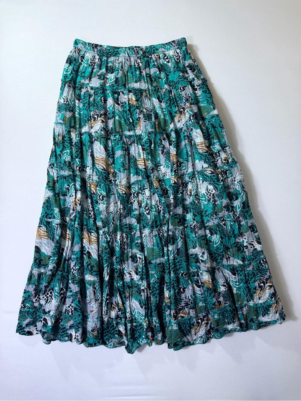 Kim Rogers Teal Green 100% Cotton Multi-Print Tiered Maxi Skirt Women’s Size Med